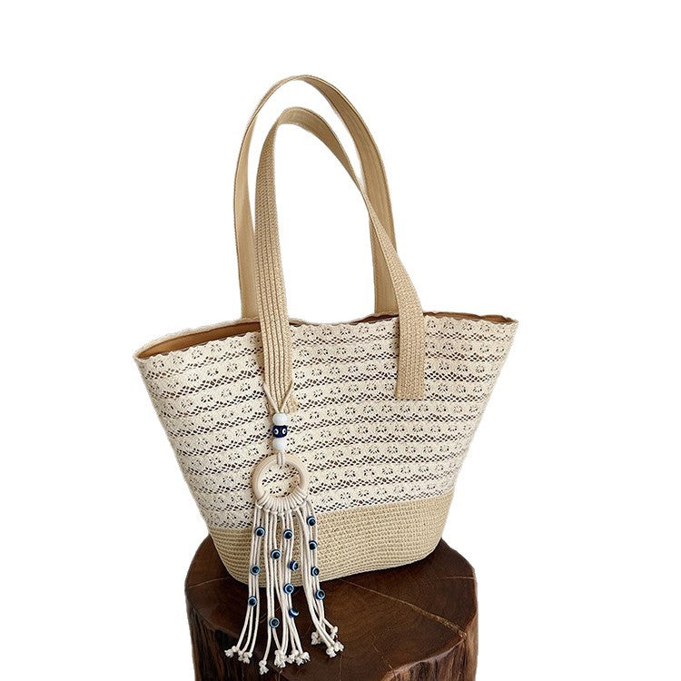 Sac Cabas Femme Toile Tressée Pompon Décoratif Ansés Longues - Foivo