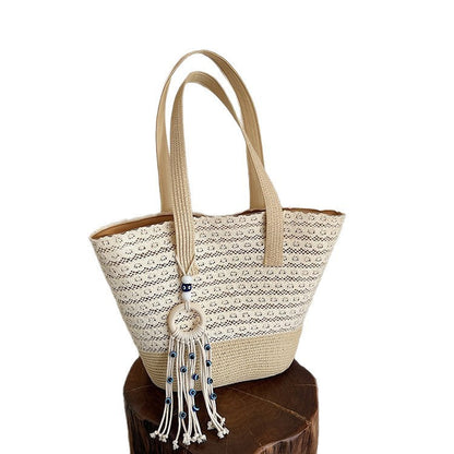 Sac Cabas Femme Toile Tressée Pompon Décoratif Ansés Longues - Foivo