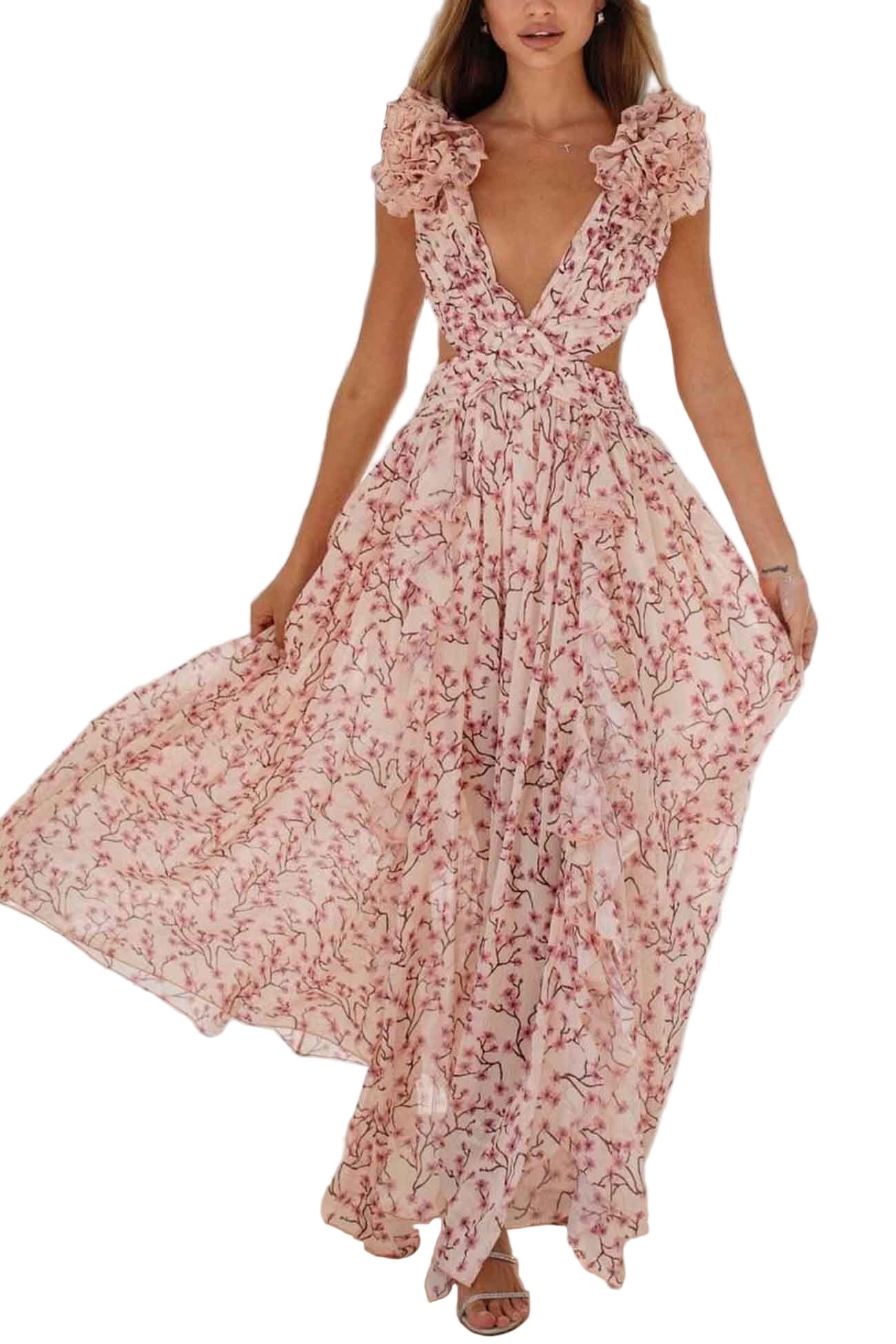 Robe Maxi Femme Encolure en V Manches Volantes - Foivo