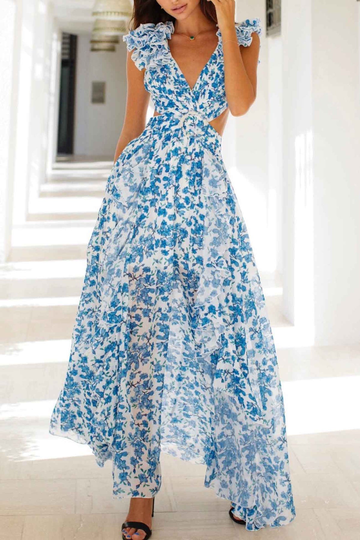 Robe Maxi Femme à Encolure en V Profonde avec Manches Volantes 8