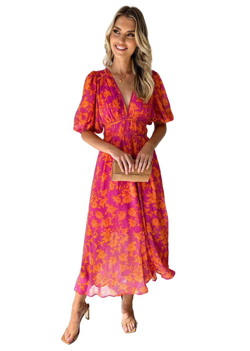 Robe Maxi Femme V-Cou Manches Bouffantes Motif Fleuri - Foivo