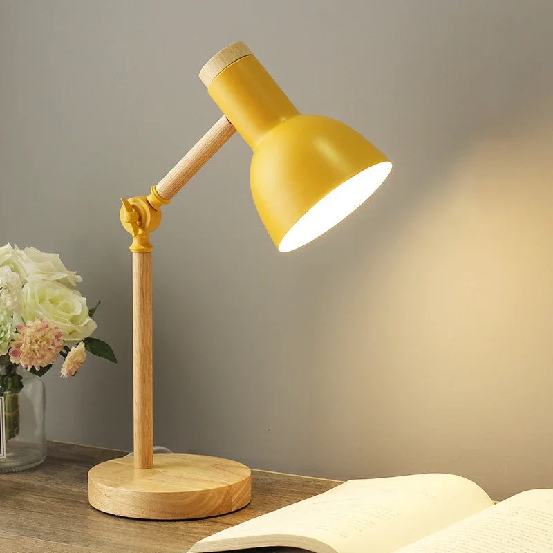 Lampe de Bureau en Bois, Abat-Jour Coloré et Design Nordique