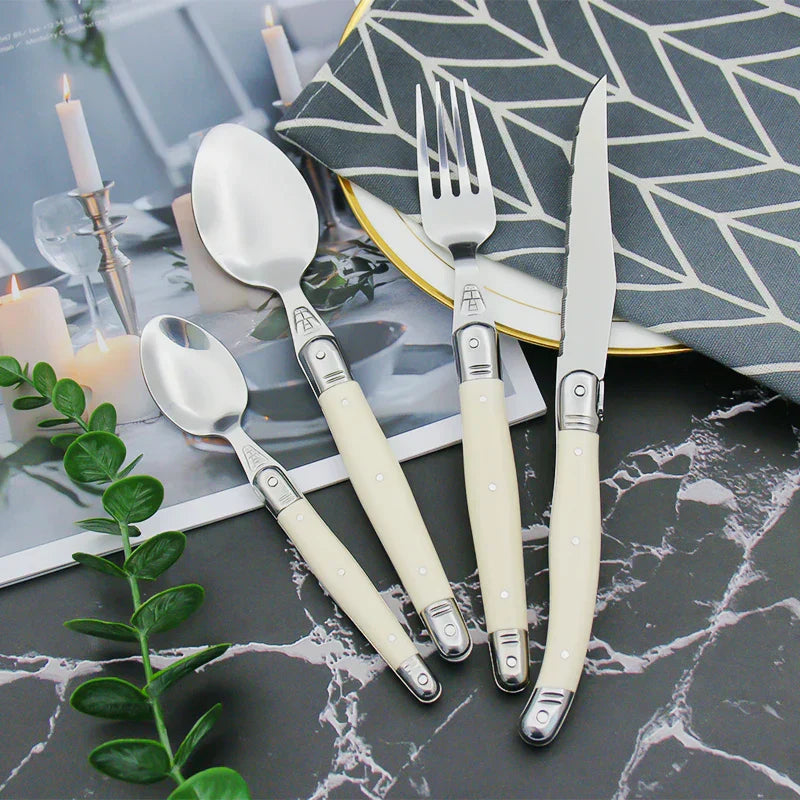 Couteau Fourchette Set Inoxydable Poignée Blanche Élégant - BlxckFR