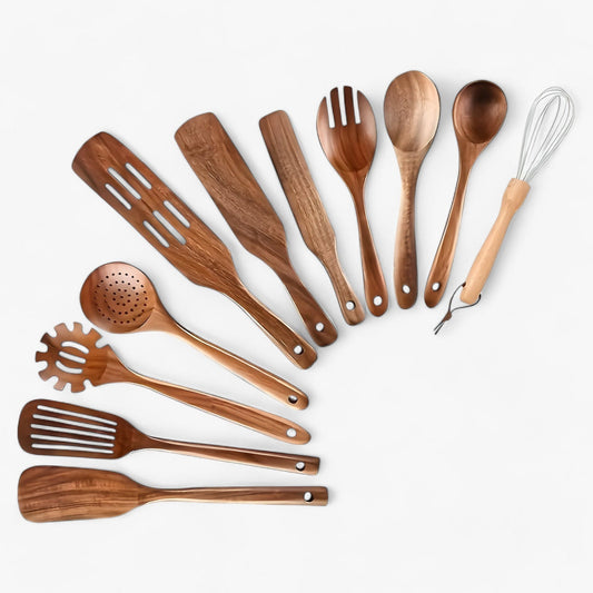 Ustensiles de Cuisine en Bois Naturel 11 Pièces - BlxckFR