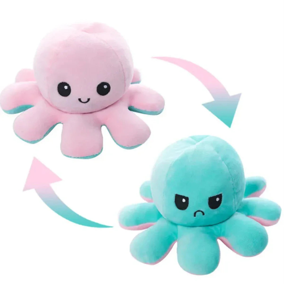 Je pense que vous voulez une traduction et une réécriture en français pour e-commerce. Voici le résultat :

 Peluche Octopus Réversible - 2 Visages Émotifs