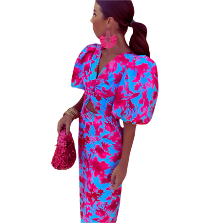 Robe Midi Florale Élégante à Manches Volantes