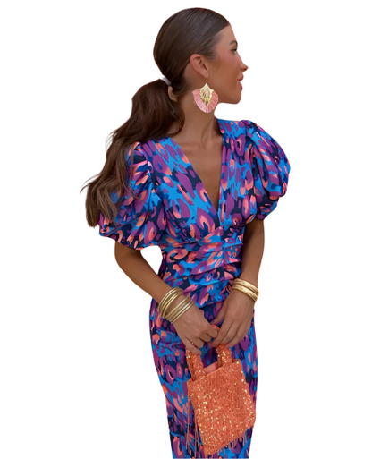 Robe Midi Florale Élégante à Manches Volantes - BlxckFR