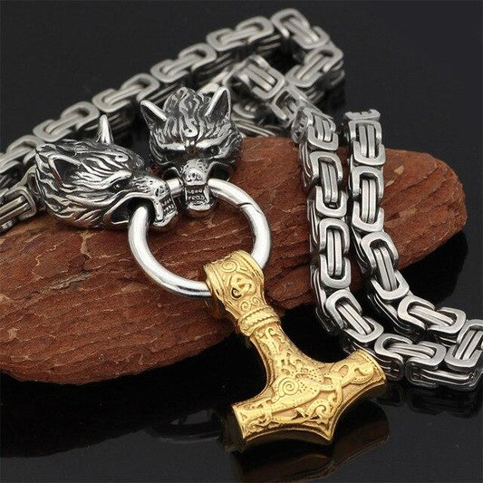Collier Loup Double Pendu avec Marteau Thor Nordique - Foivo