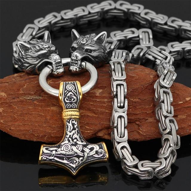 Collier Loup Double Pendu avec Marteau Thor Nordique