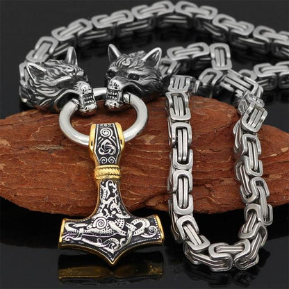 Collier Loup Double Pendu avec Marteau Thor Nordique