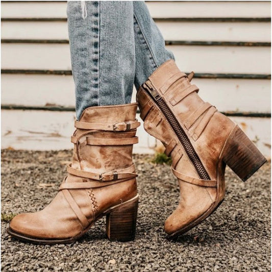 Bottines Cuir Foncé Femmes Élégantes Talon Bloc - Foivo
