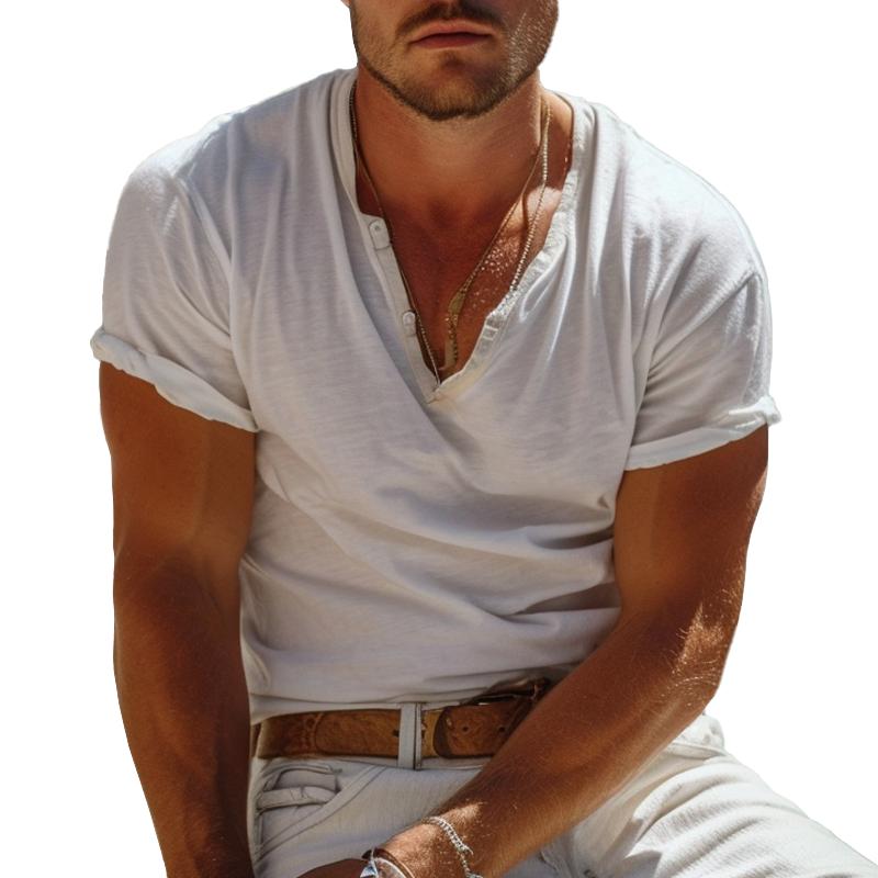 T-shirt Henley Décontracté à Manches Courtes 1