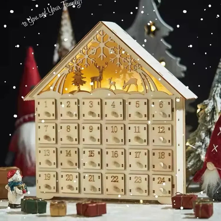 Calendrier de l'Avent en Bois Élégant avec Lumières de Noël