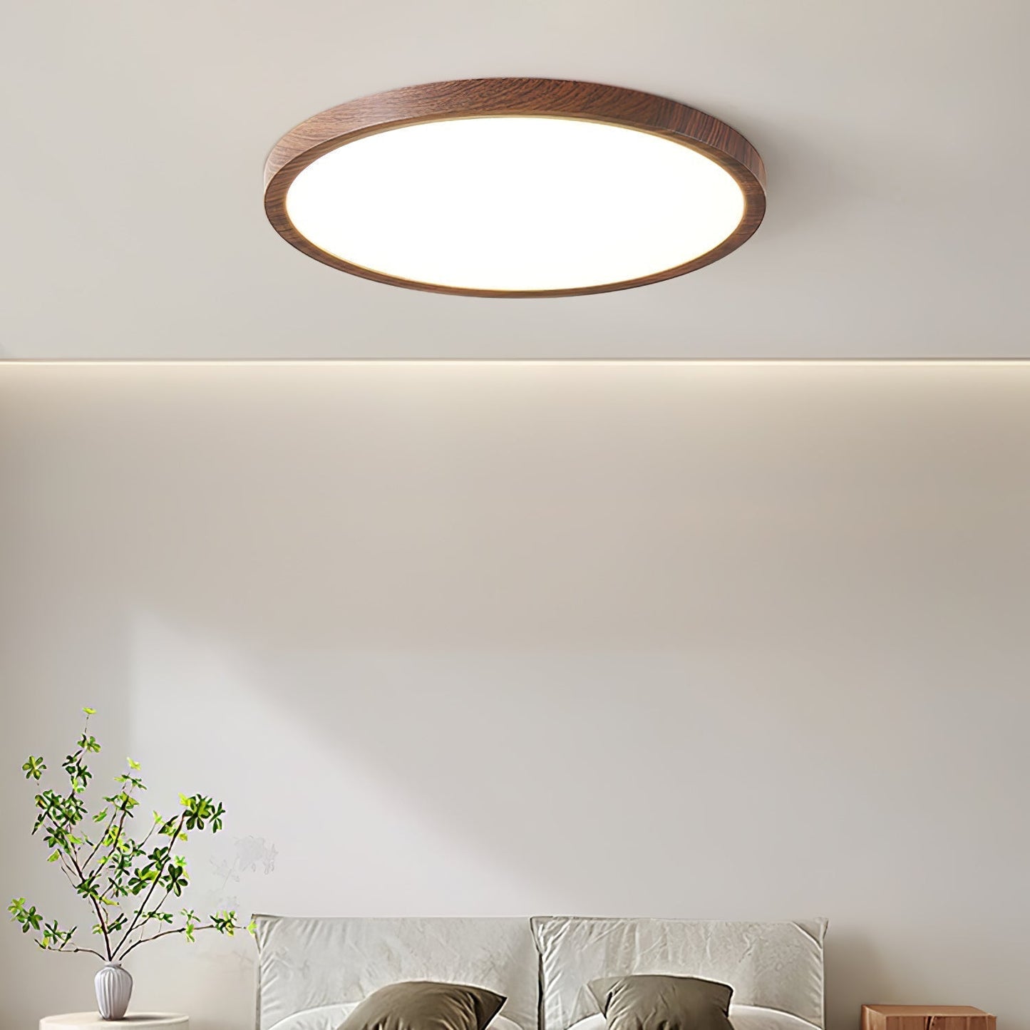 Luminaire Plafond Rond Élégant en Acrylique - Éclairage LED Chaud et Design avec Aspect Bois Clair - Foivo
