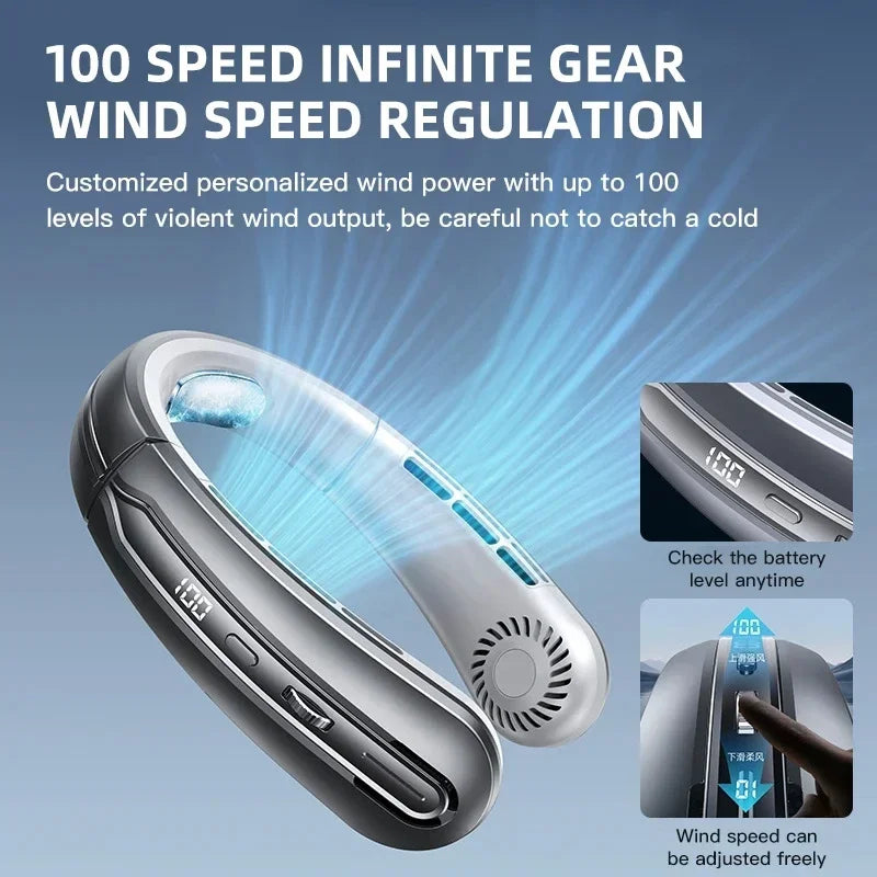 Ventilateur de cou portable rechargeable avec affichage LED et réglage de vitesse 3