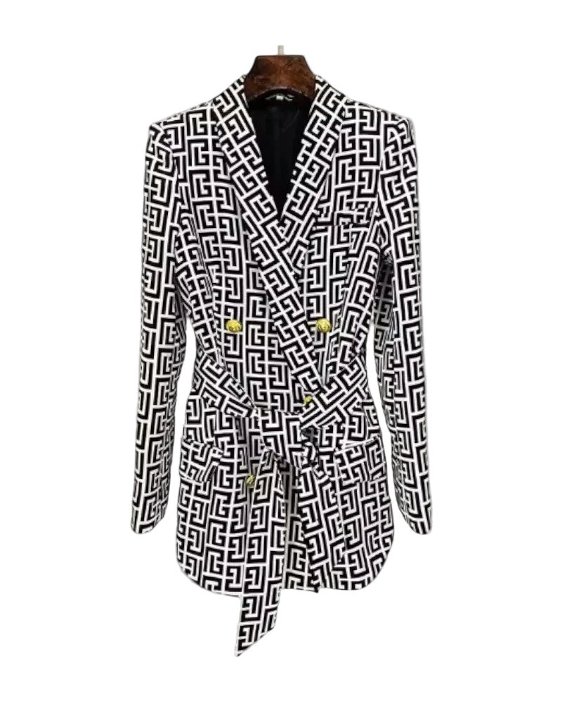 Blazer Femme Ceinturé Imprimé Géométrique Coupe Ajustée - Foivo