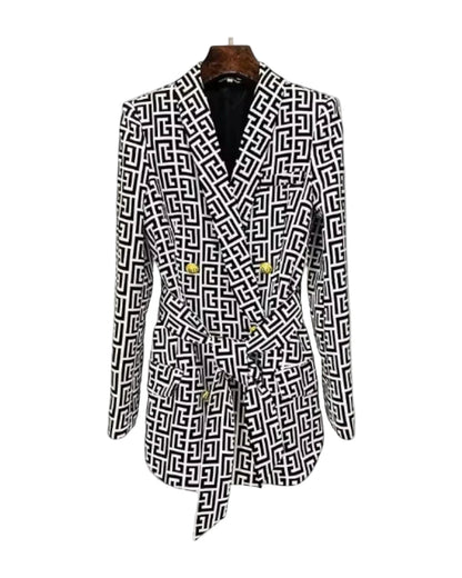 Blazer Femme Ceinturé Imprimé Géométrique Coupe Ajustée - Foivo