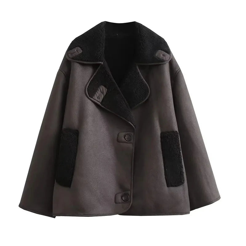 Veste en Cuir Femme Doublure Douillette Col Large Automne Hiver 5