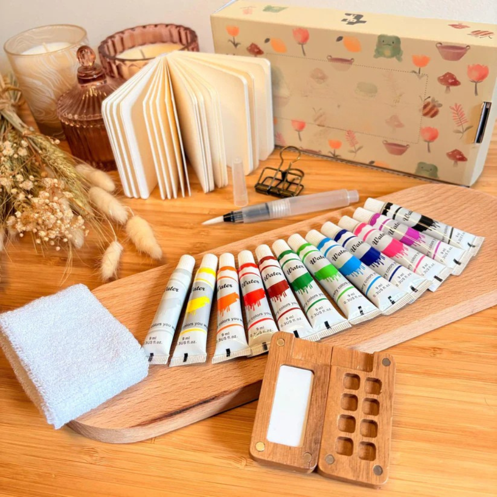 Boîte de Peinture Aquarelle Voyage Kit Pinceau Bloc Papier Compact - BlxckFR