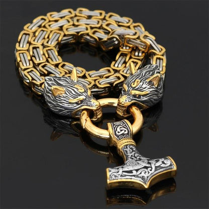 Collier en Acier Inoxydable Double Tête de Loup Robuste