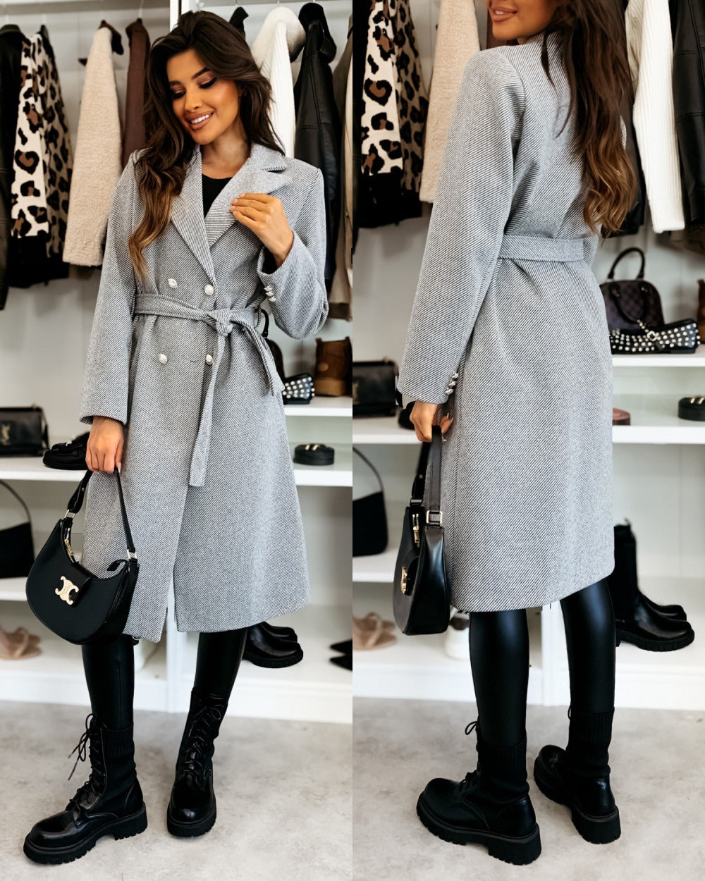 Manteau Femme Hiver Élégant Mi-Long à Ceinture