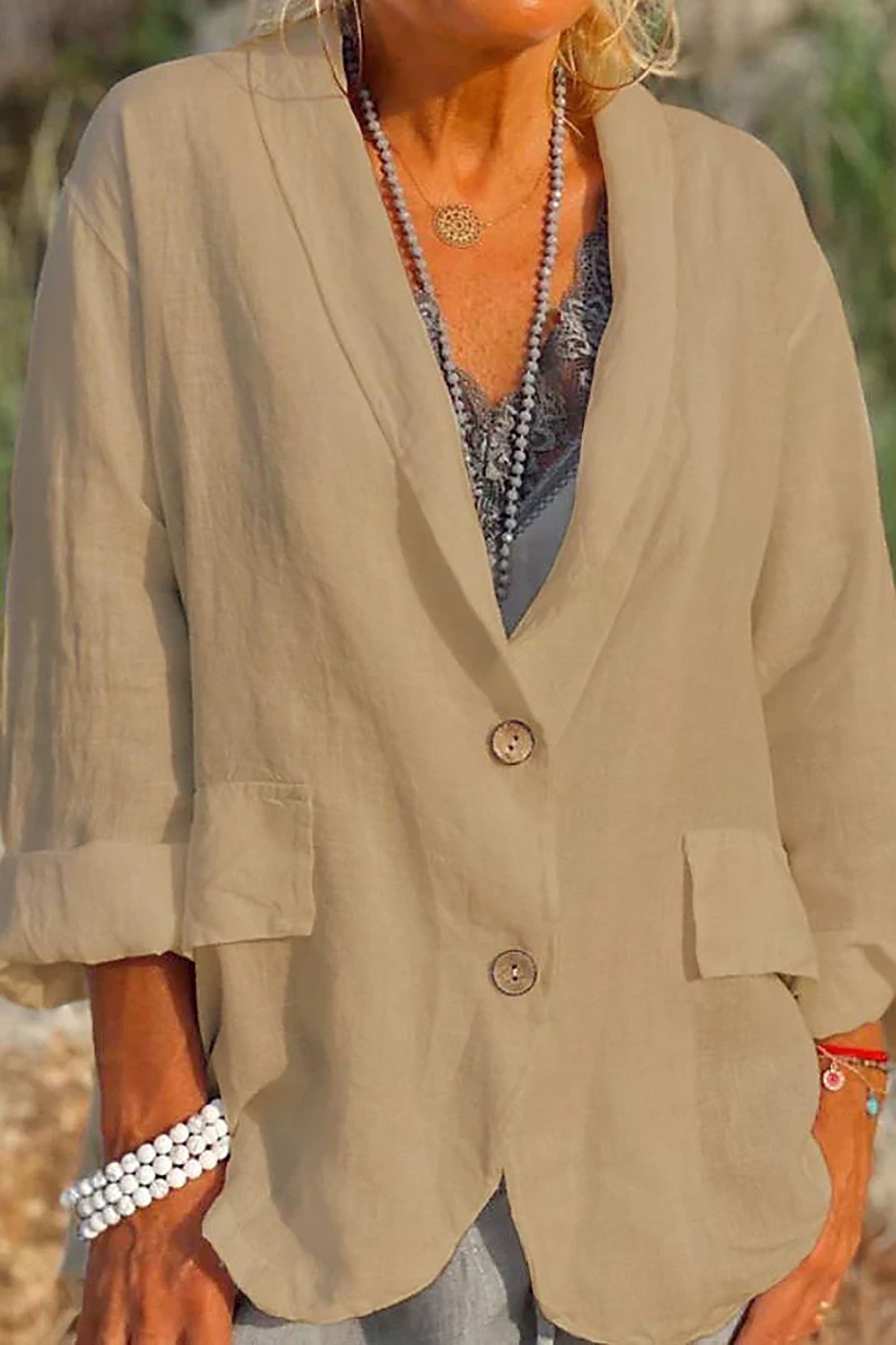 Veste Lin Féminine Relaxe | Col en V et Manches Courtes