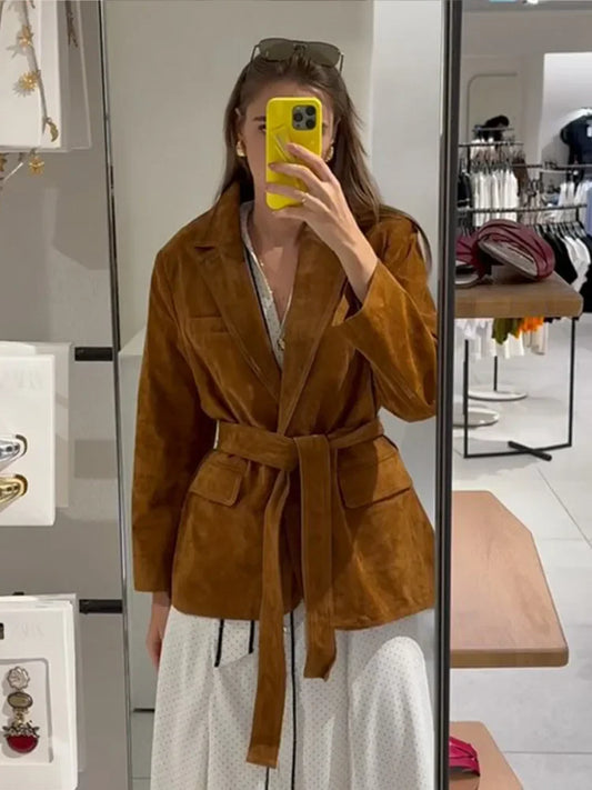 Manteau Femme Élégant en Daim avec Ceinture et Poches Pratiques - Foivo