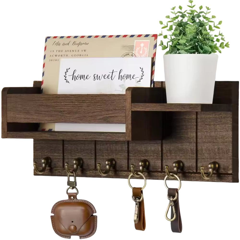 Étagère Murale en Bois Massif avec Crochets et Rangement - Foivo