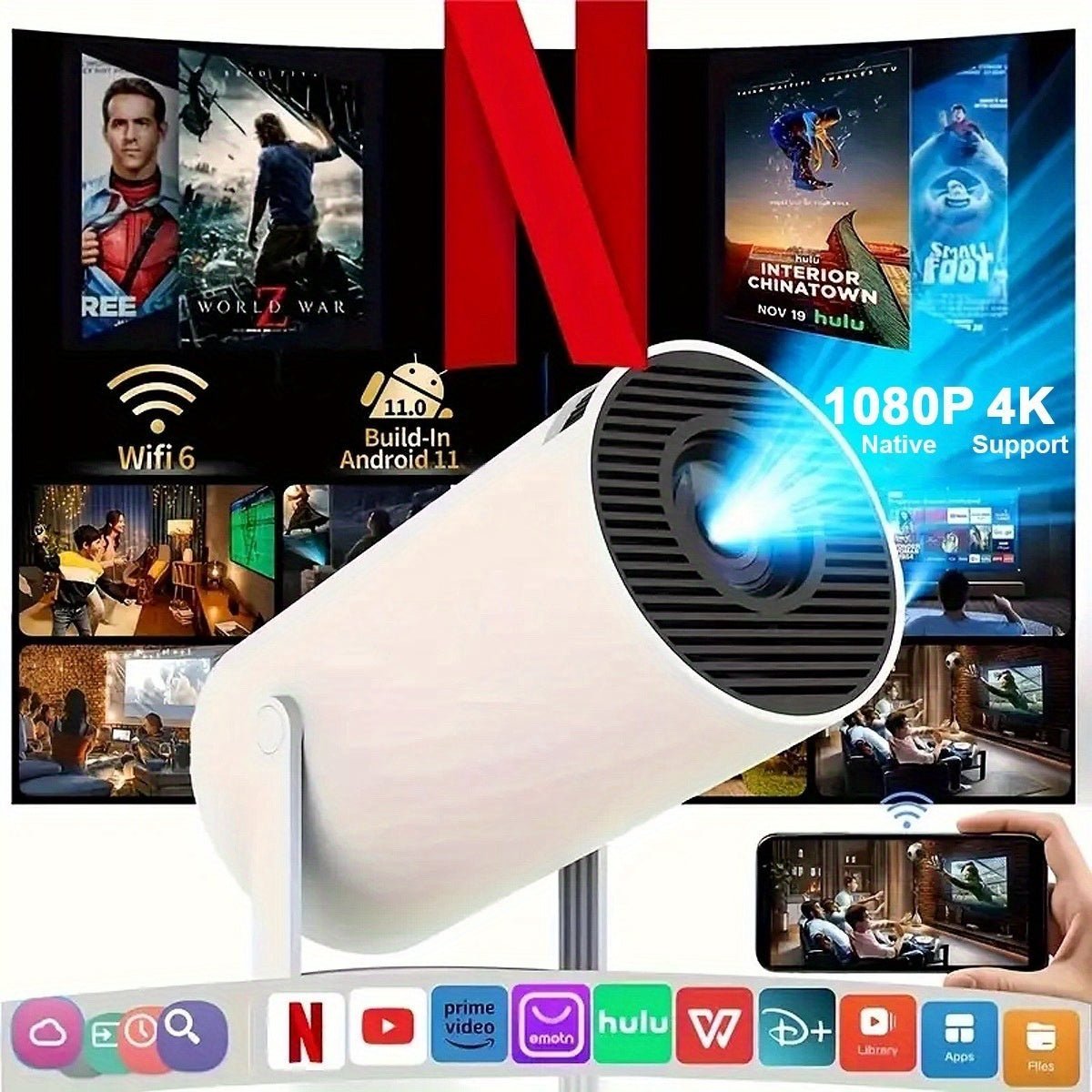 Mini projecteur Unisexe WiFi Bluetooth Full HD 1080p Compatible 4K - Foivo