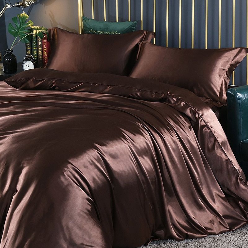 Ensemble de literie de luxe en soie satinée - Housse de couette et taies d'oreiller