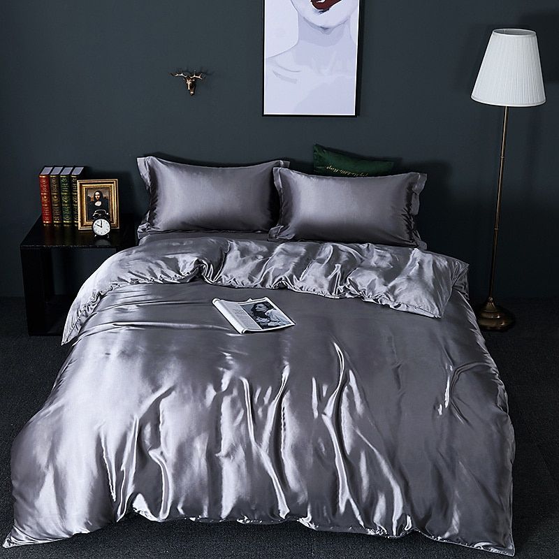 Ensemble de literie de luxe en soie satinée - Housse de couette et taies d'oreiller