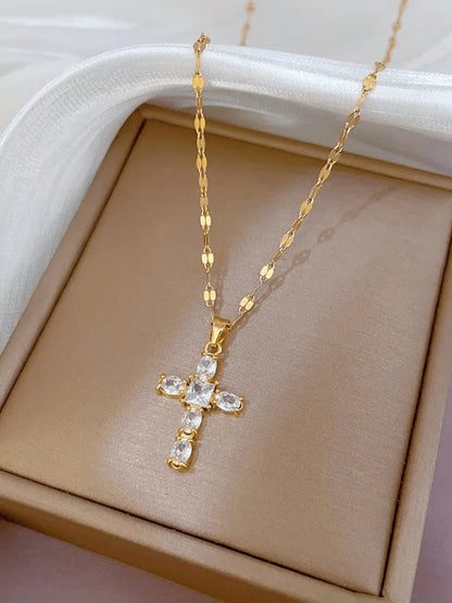 Collier en Croix Strass Doré Élégant