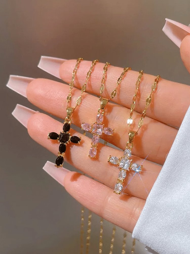 Collier en Croix Strass Doré Élégant - Foivo