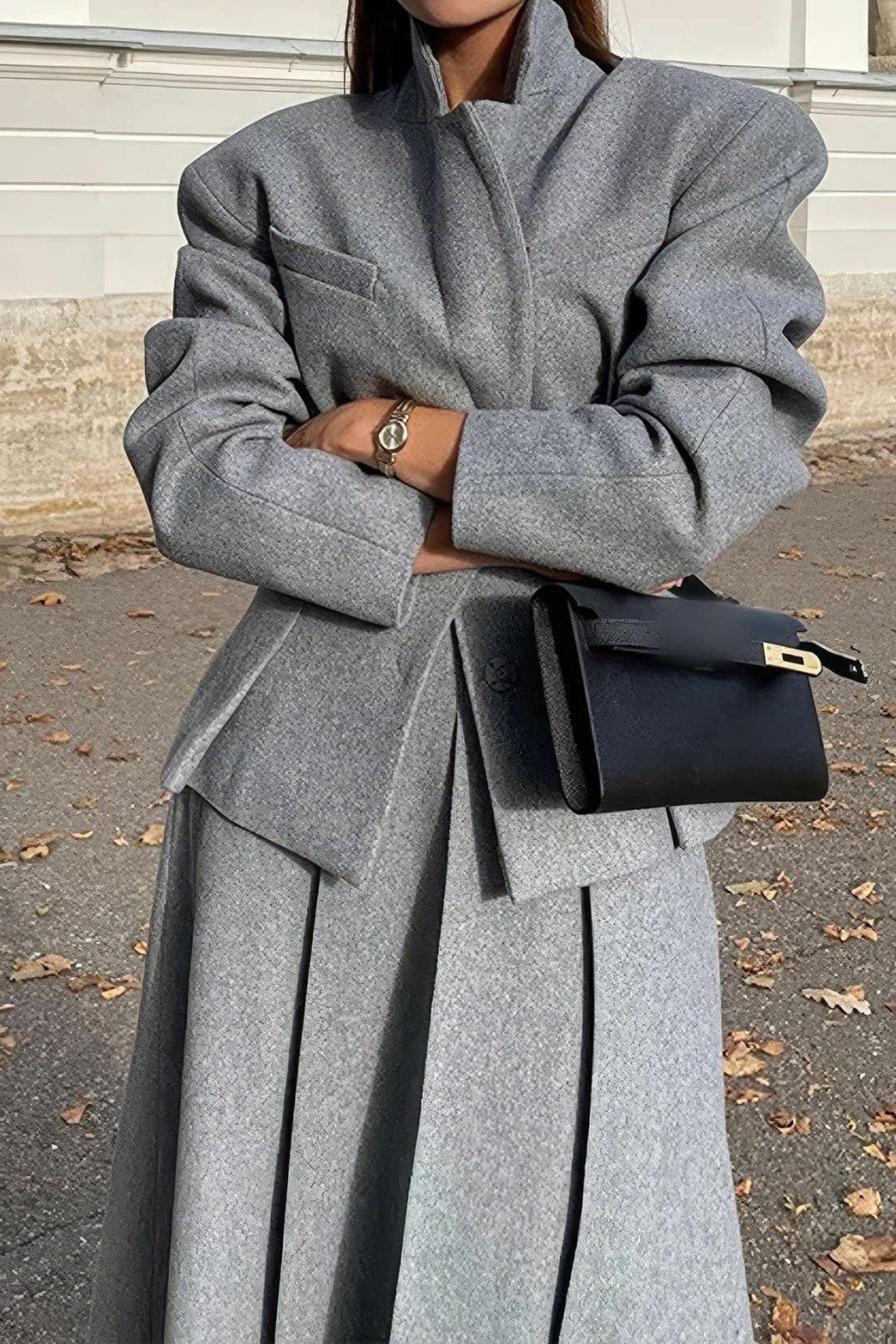 Costume Chic Tailleur Jupe Gris Clair