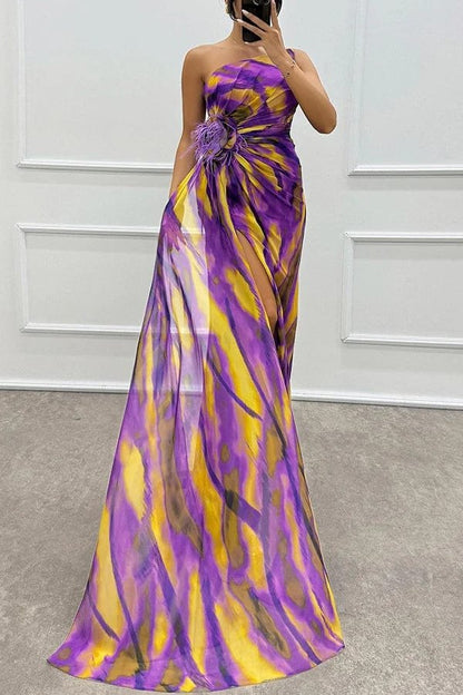 Robe Longue Élégante Imprimé Floral à Décolleté