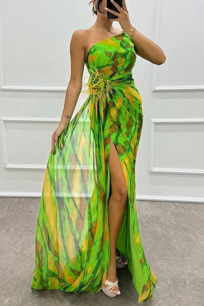 Robe Longue Élégante Imprimé Floral à Décolleté