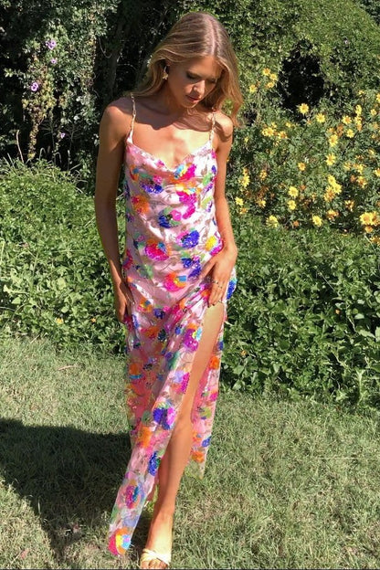 Robe Longue Florale avec Fente Séduisante - Foivo