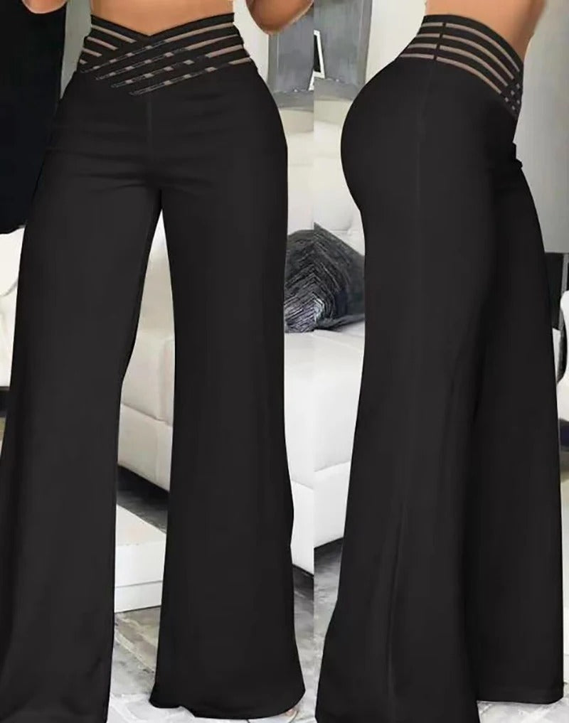 Pantalon Femme Maille Transparente Croisée Coupe Évasée