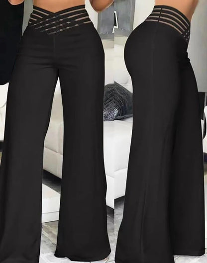 Pantalon Femme Maille Transparente Croisée Coupe Évasée