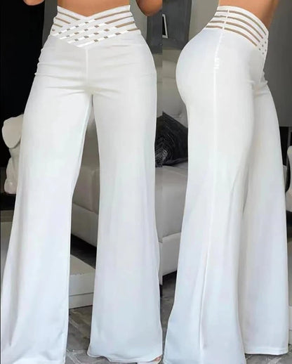 Pantalon Femme Maille Transparente Croisée Coupe Évasée