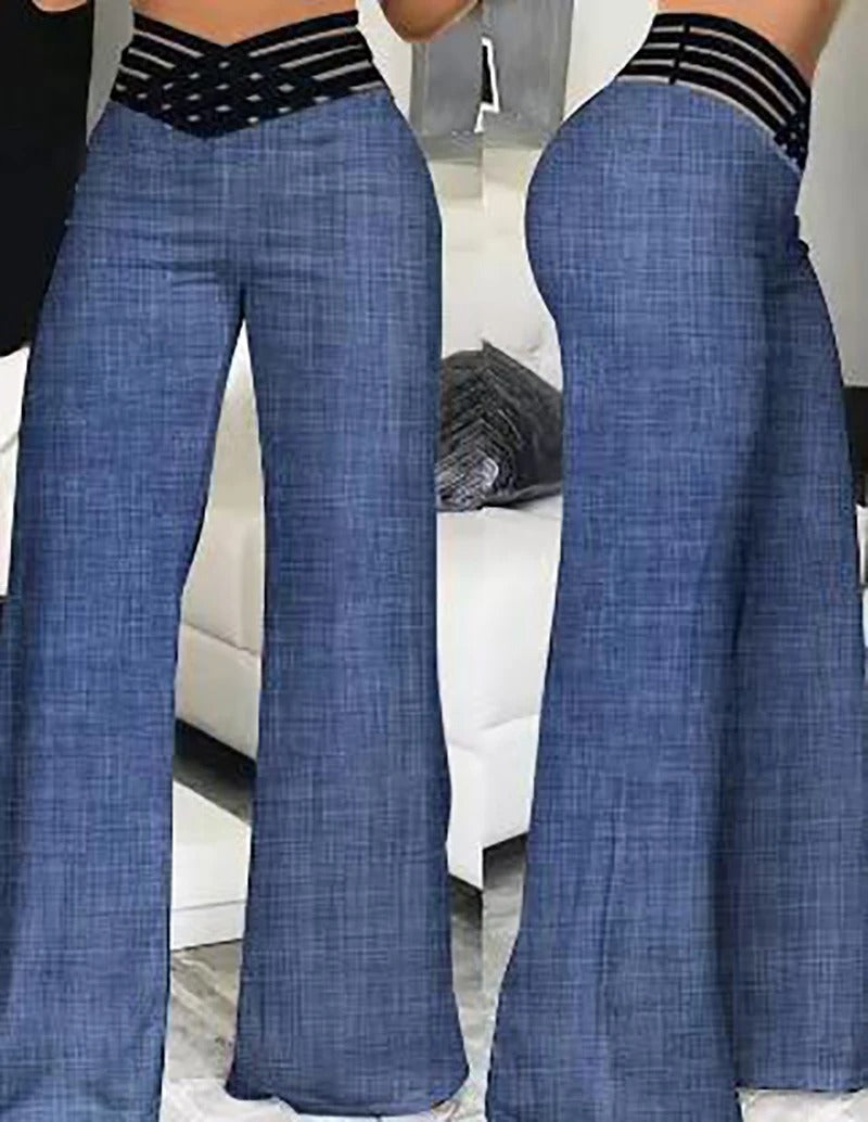 Pantalon Femme Maille Transparente Croisée Coupe Évasée