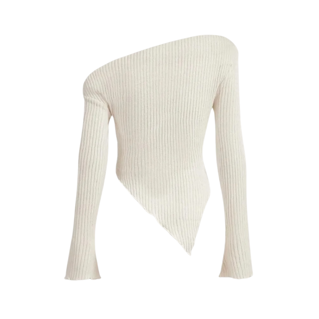 Pull Femme Côtelé Col Asymétrique Décontracté