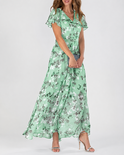 Robe Longue Femme Mousseline Col en V Manches Courtes Flatteuse