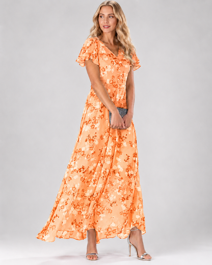 Robe Longue Femme Mousseline Col en V Manches Courtes Flatteuse