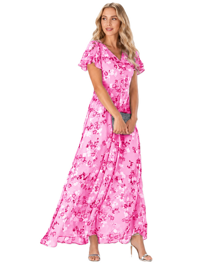 Robe Longue Femme Mousseline Col en V Manches Courtes Flatteuse - Foivo