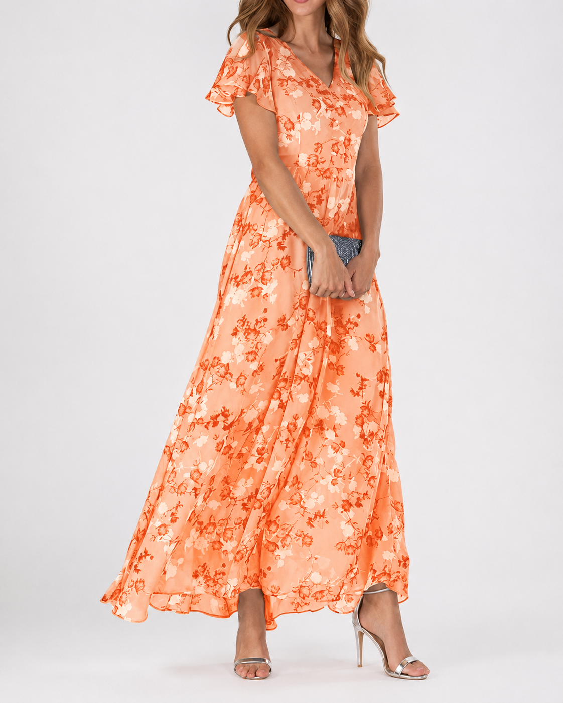 Robe Longue Femme Mousseline Col en V Manches Courtes Flatteuse