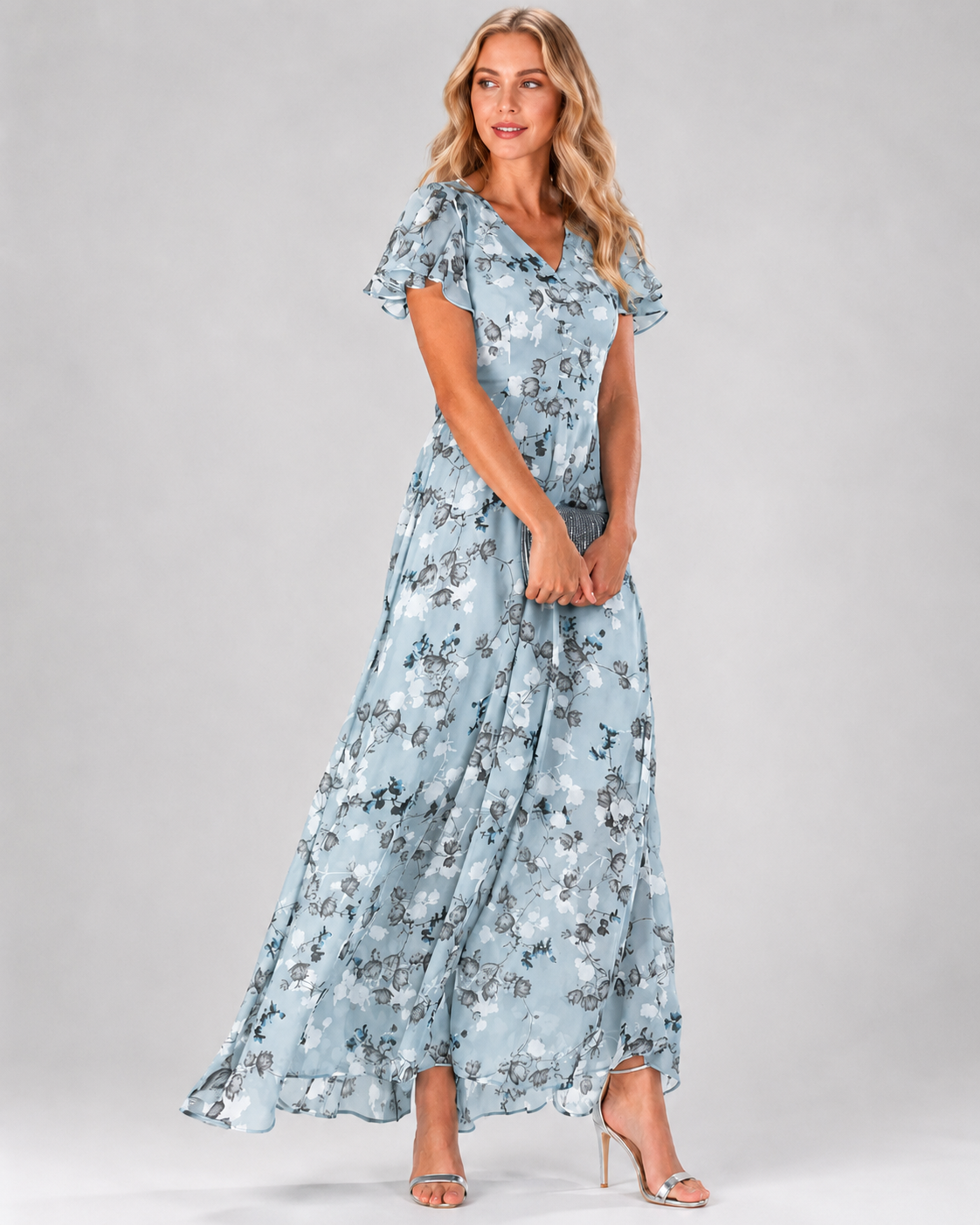 Robe Longue Femme Mousseline Col en V Manches Courtes Flatteuse