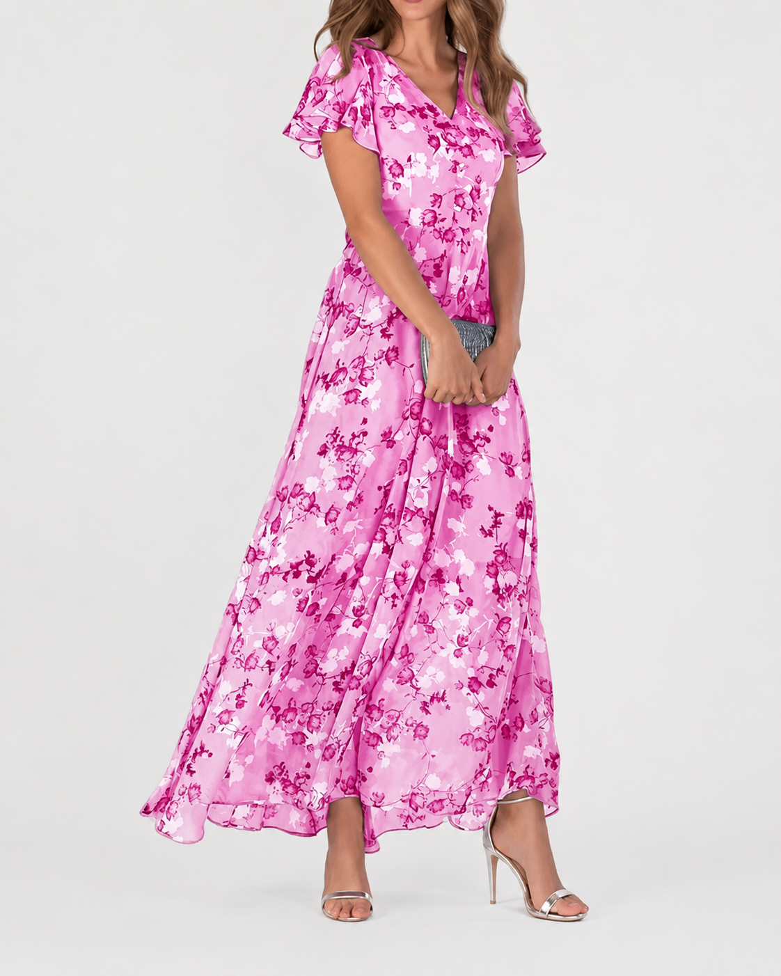 Robe Longue Femme Mousseline Col en V Manches Courtes Flatteuse