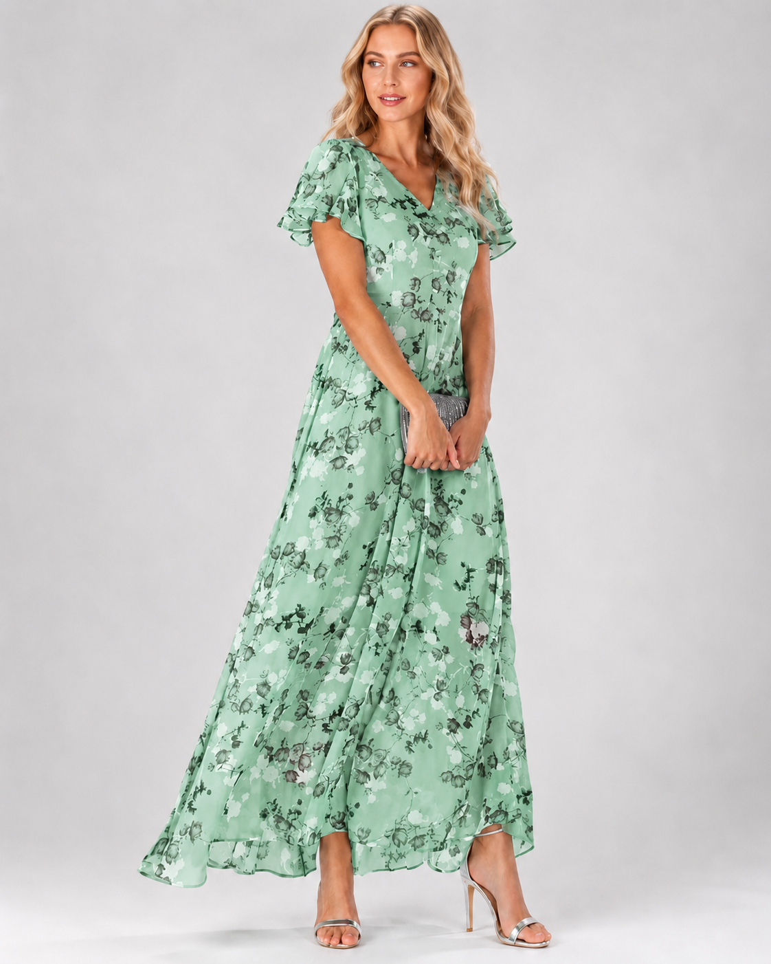 Robe Longue Femme Mousseline Col en V Manches Courtes Flatteuse