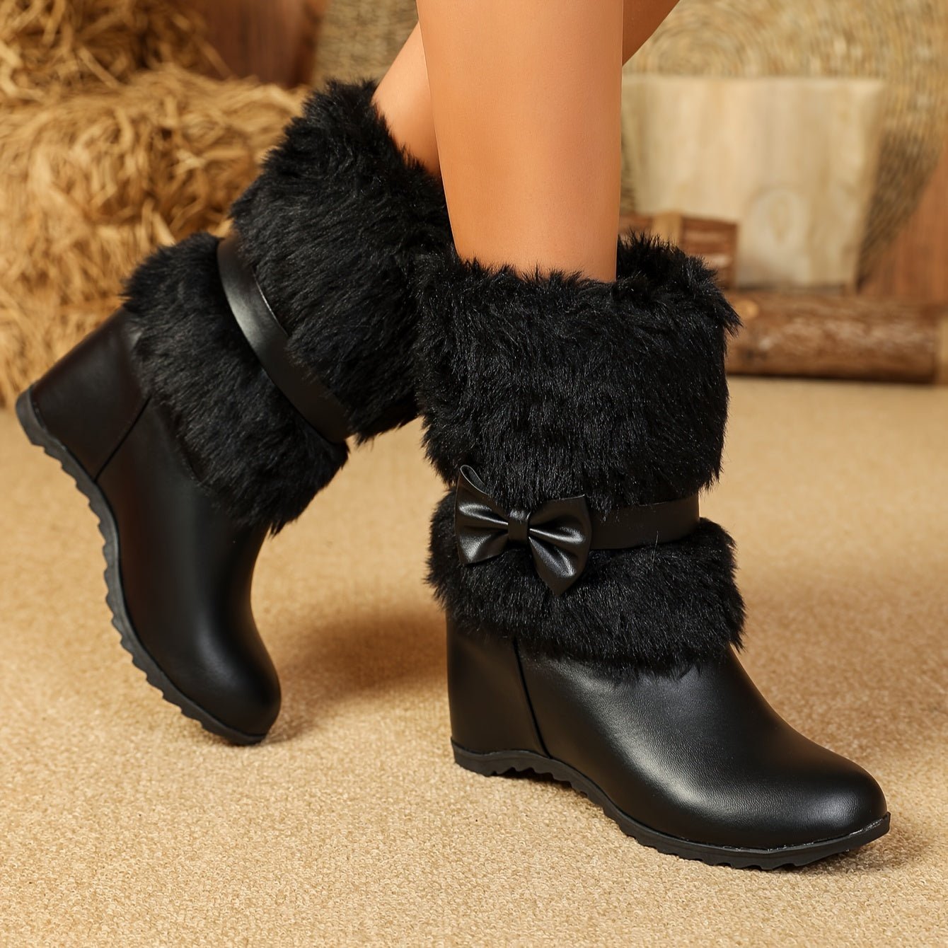 Bottes Hiver Chaudes à Talon Épais avec Nœud Fashion